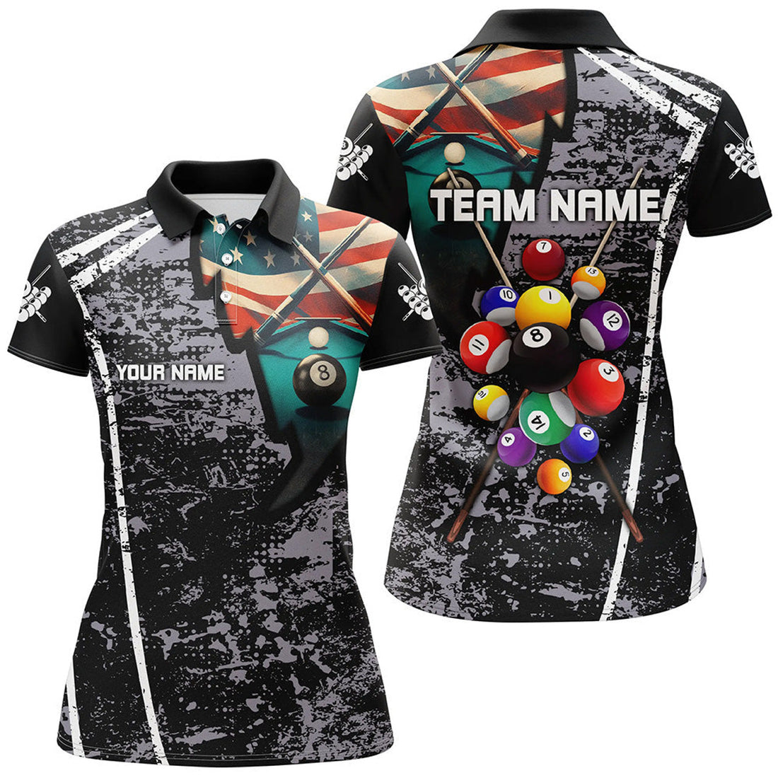 Custom Personalized Grey Grunge US Flag 8 Ball Billiard Polo Shirts For Women, Custom Billiard Balls Jerseys