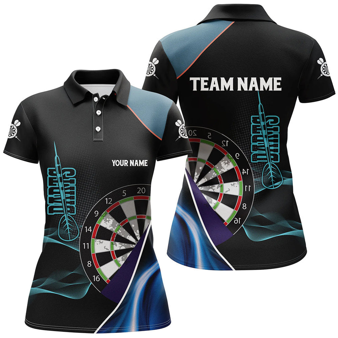 Custom Personalized Blue Black 3D Womens Darts Polo Shirts Custom Dart Jerseys For Women Dart Team Shirts