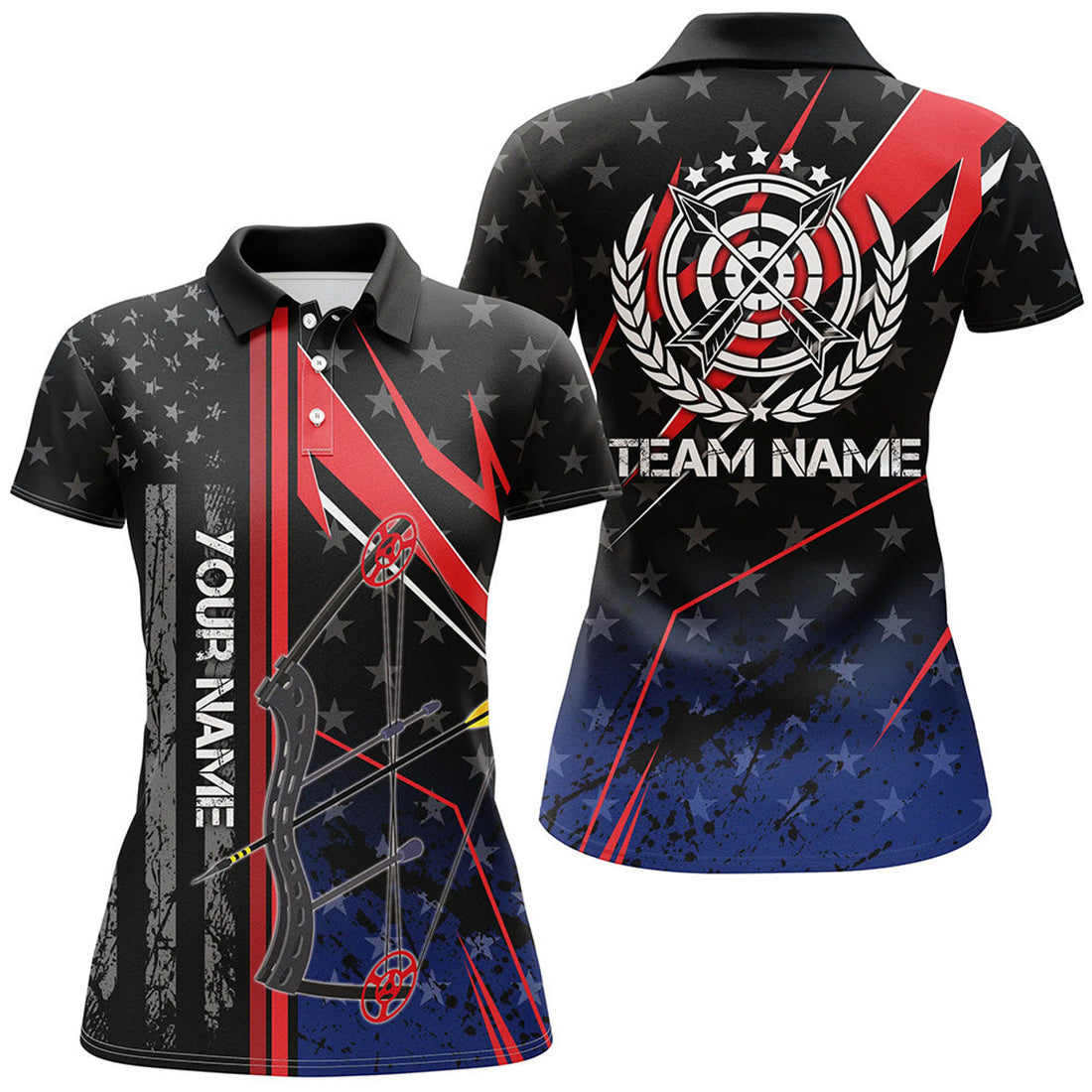 Custom Personalized Archery Polo Shirts For Women, Patriotic US Flag Bow And Arrow Archery Lover Shirts