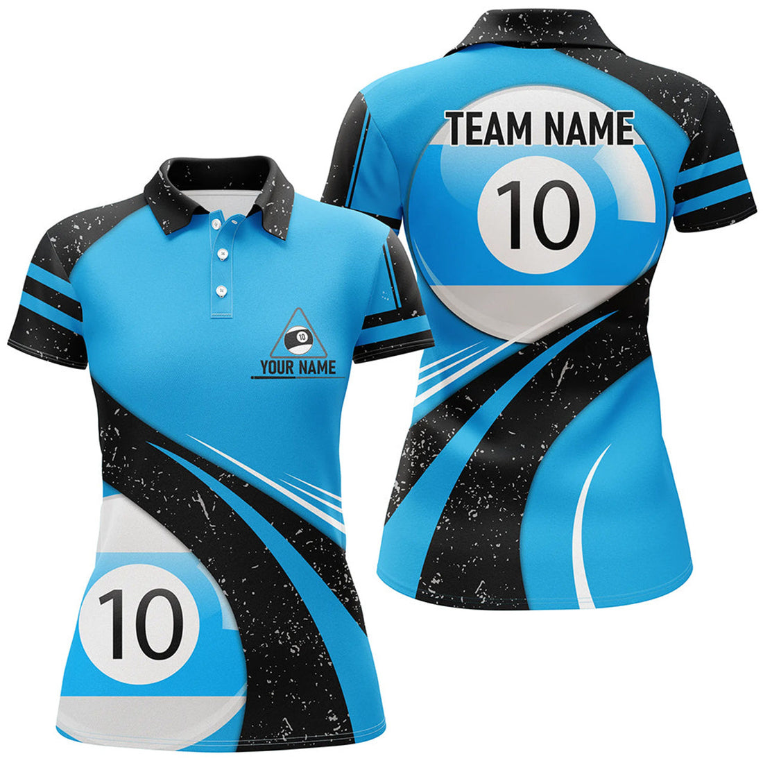 Custom Personalized Blue Black Grunge 10 Ball Billiard 3D Polo Shirts For Women, 10 Ball Pool Team Jerseys