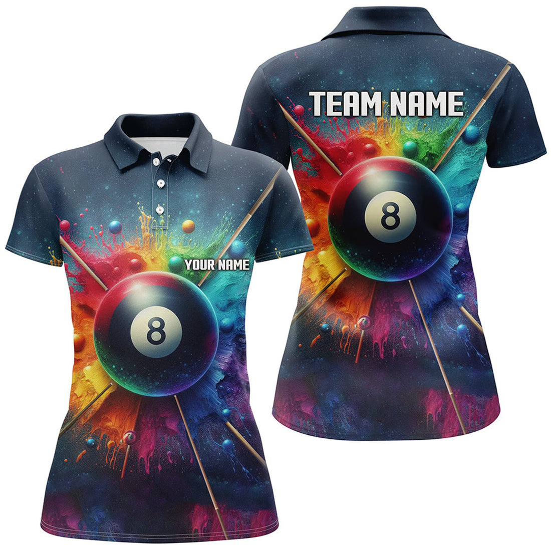 Custom Personalized Colorful Painted 8 Ball Billiard 3D Polo Shirts For Women, Custom 8 Ball Pool Jerseys