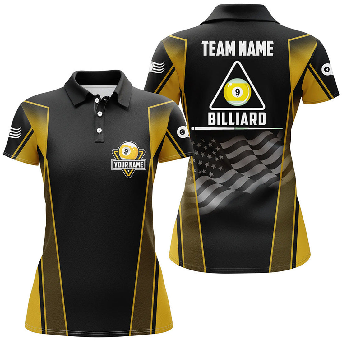 Custom Personalized US Flag 9 Ball Pool 3D Polo Shirts For Women, Style Black Yellow Billiard 9 Ball Jerseys