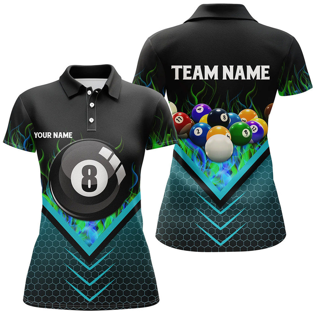 Custom Personalized Fire Blue Hive 8 Ball Billiard 3D Polo Shirts For Women, Custom Pool Balls Team Jerseys