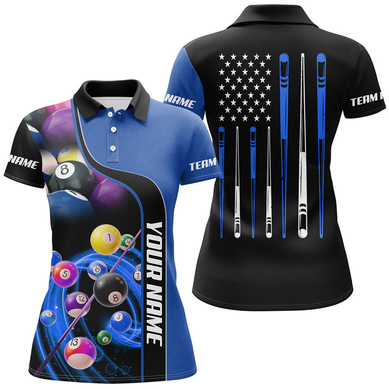 Custom Personalized Blue Billiard Balls 3D Polo Shirts For Women, Custom US Flag Stick Billiard Team Shirts