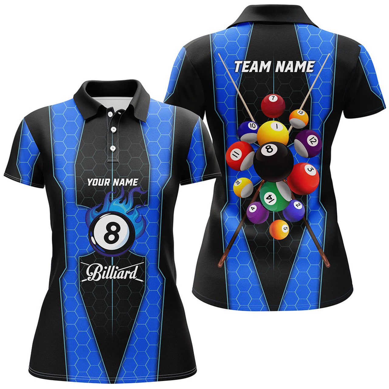 Custom Personalized Style Blue Fire 8 Ball Billiard 3D Polo Shirts For Women, Custom Pool Balls Team Jerseys