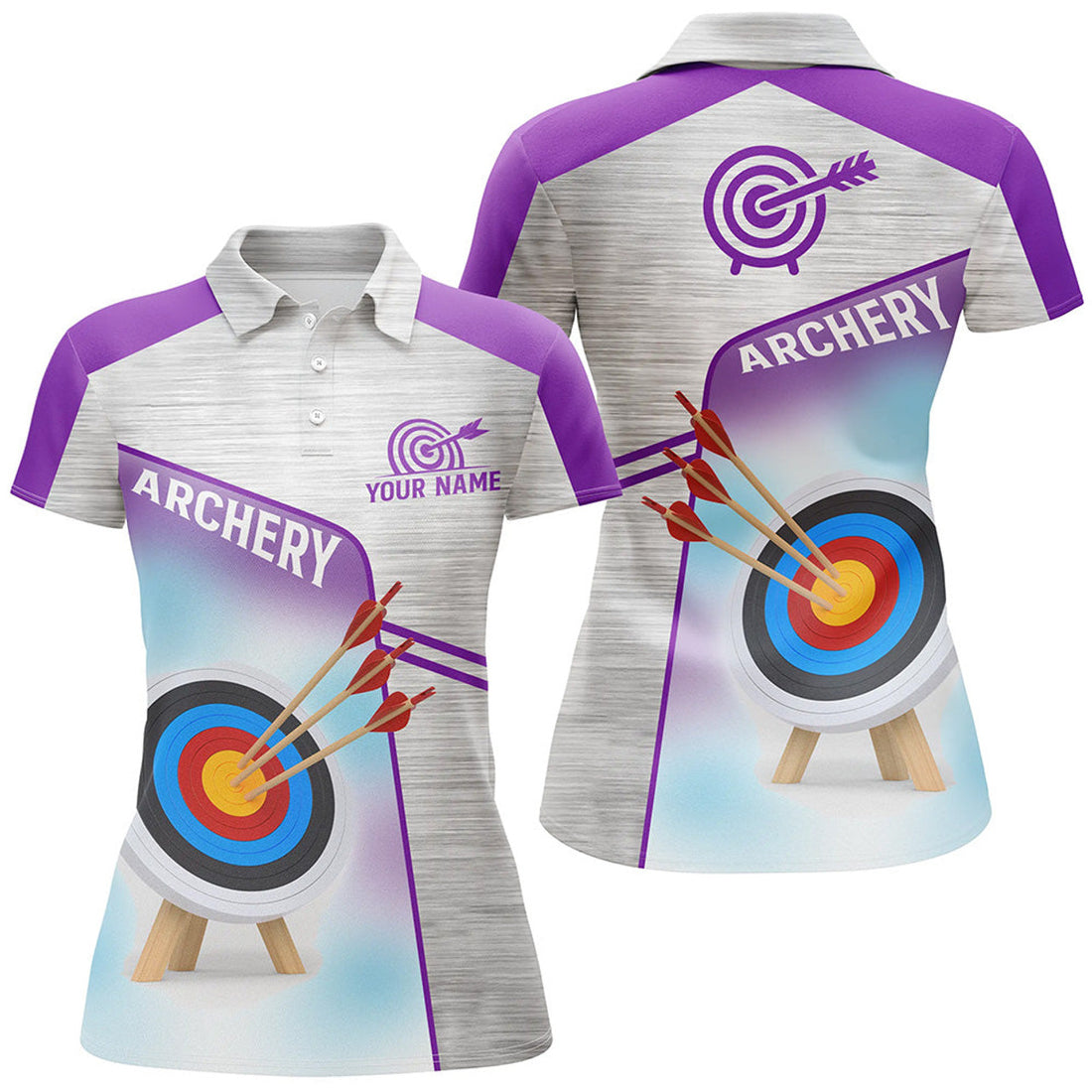 Custom Personalized Purple Grey 3D Target Archery Polo Shirts For Women, Custom Name Archery Jerseys