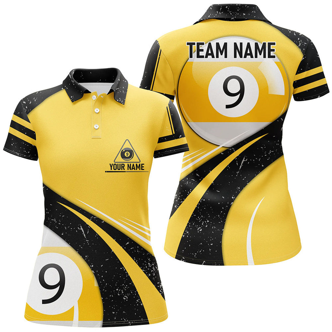 Custom Personalized 9 Ball Pool Yellow Black Grunge Billiard Polo Shirts For Women, 9 Ball Billiard Jerseys