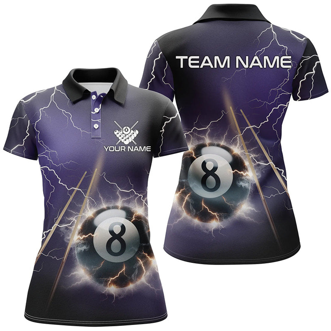 Custom Personalized Thunder Lighting Purple 8 Ball Billiard 3D Polo Shirts For Women, Pool Balls Jerseys