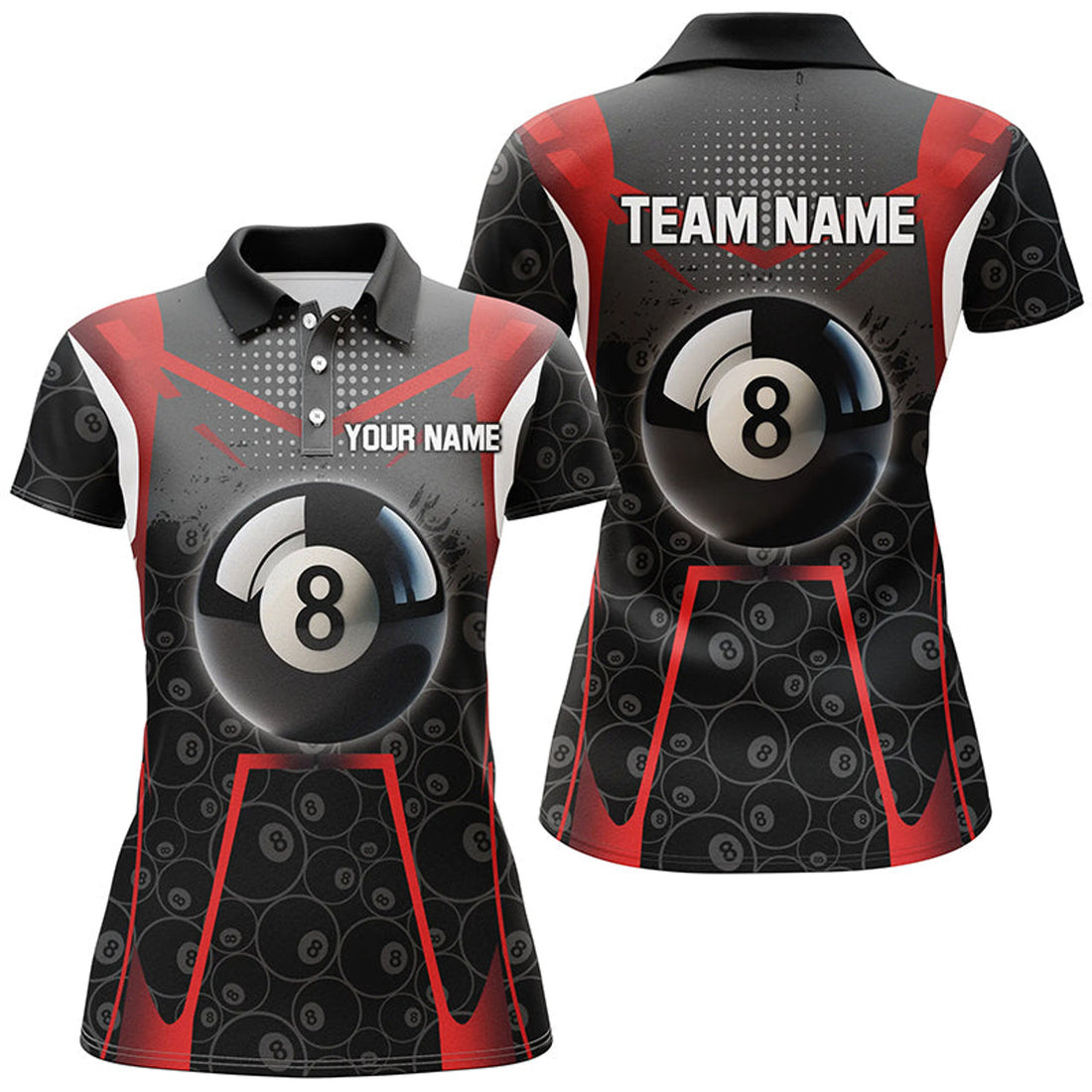 Custom Personalized Red Black 8 Ball Billiard 3D Polo Shirts For Women, Custom 8 Ball Pool Pattern Jerseys