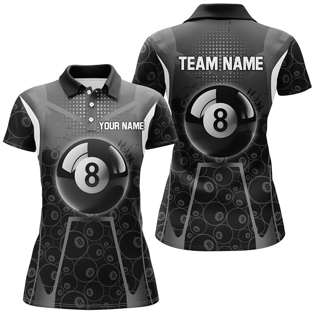 Custom Personalized White Black 8 Ball Billiard 3D Polo Shirts For Women, Custom 8 Ball Pool Pattern Jerseys