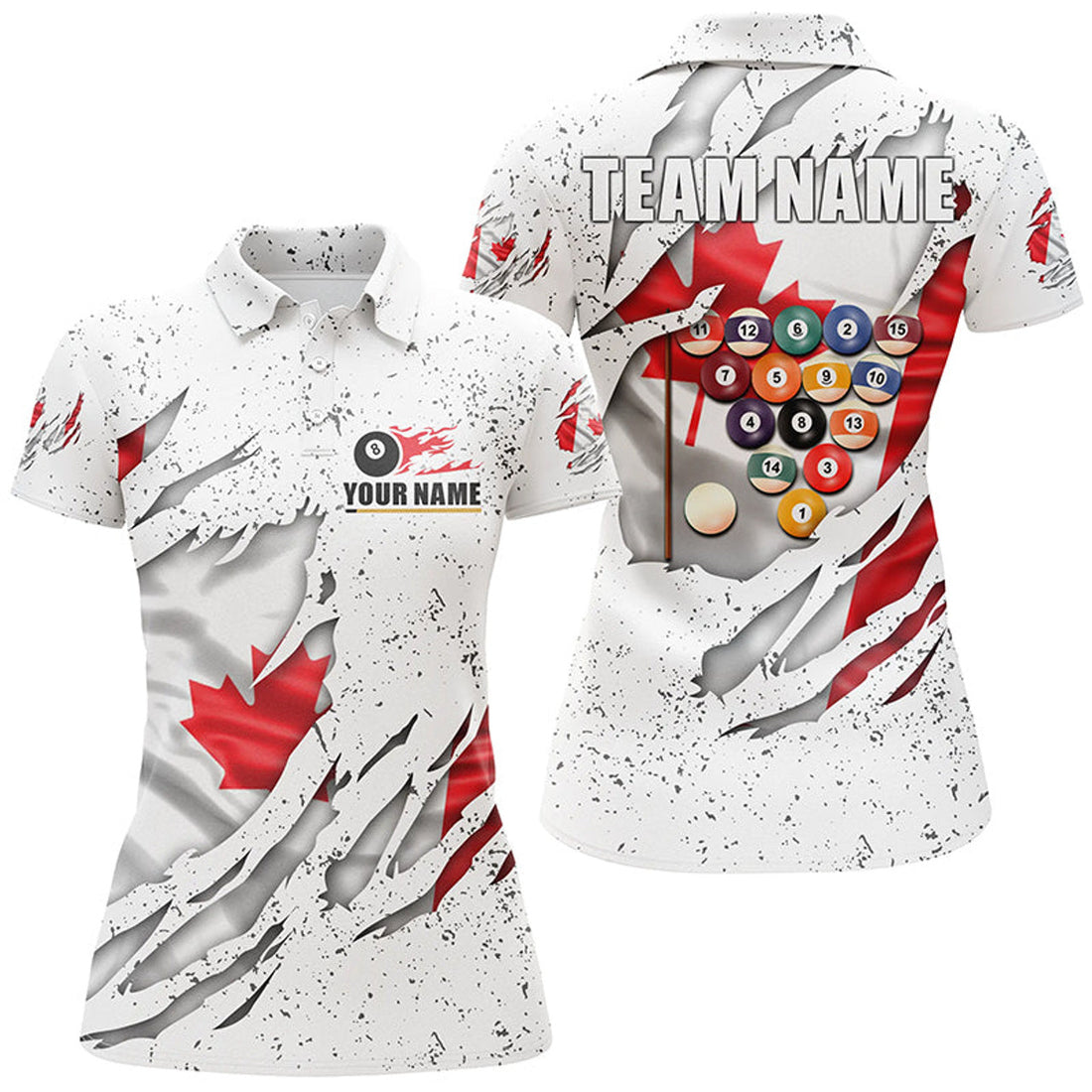 Custom Billiards Balls Canadian Flag White Grunge Custom Billiard Polo Shirts For Women, 8 Ball Pool Shirts