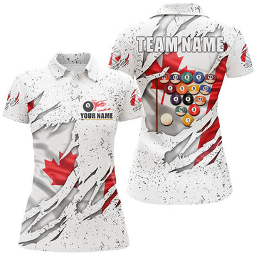 Custom Billiards Balls Canadian Flag White Grunge Custom Billiard Polo Shirts For Women, 8 Ball Pool Shirts