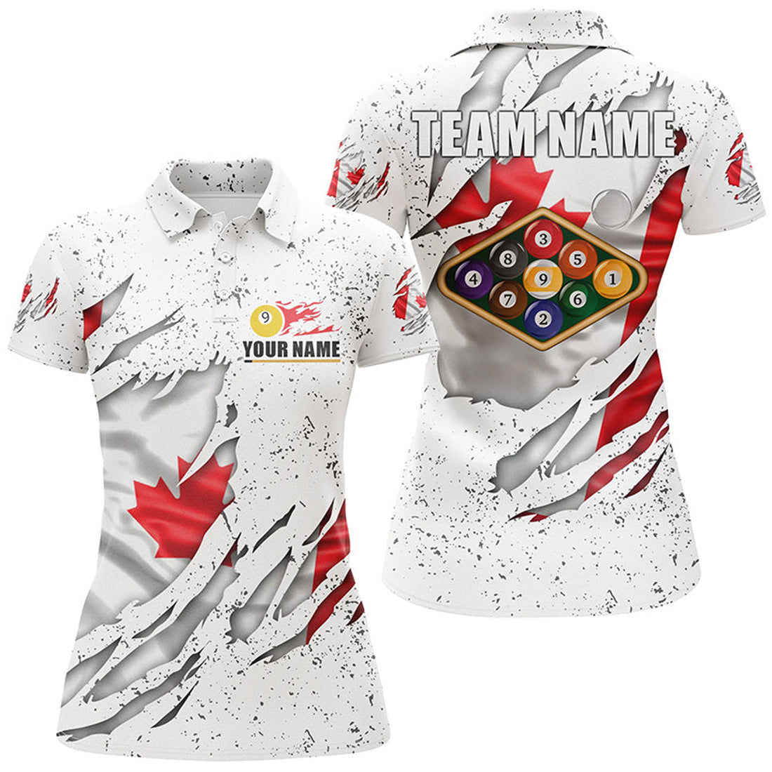 Custom Billiards Balls Canadian Flag White Grunge Custom Billiard Polo Shirts For Women, 9 Ball Pool Shirts