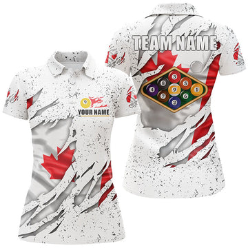 Custom Billiards Balls Canadian Flag White Grunge Custom Billiard Polo Shirts For Women, 9 Ball Pool Shirts