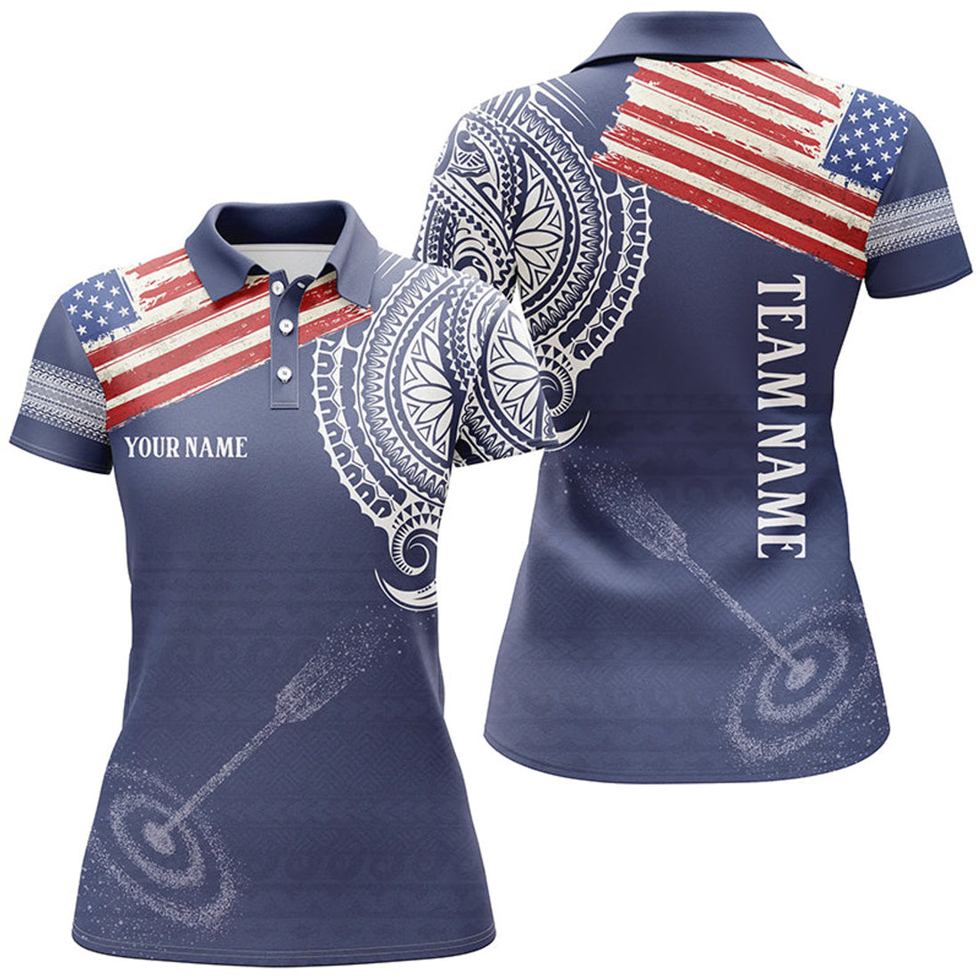 Custom Personalized US Flag Tribal Pattern Archery Polo Shirts For Women, Custom 3D Target Archery Shirts