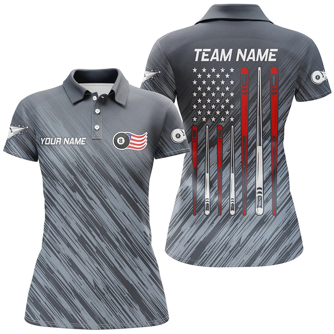 Custom Personalized Billiard US Flag 8 Ball Pool Polo Shirts For Women, Custom US Flag Sticks Pool Shirts