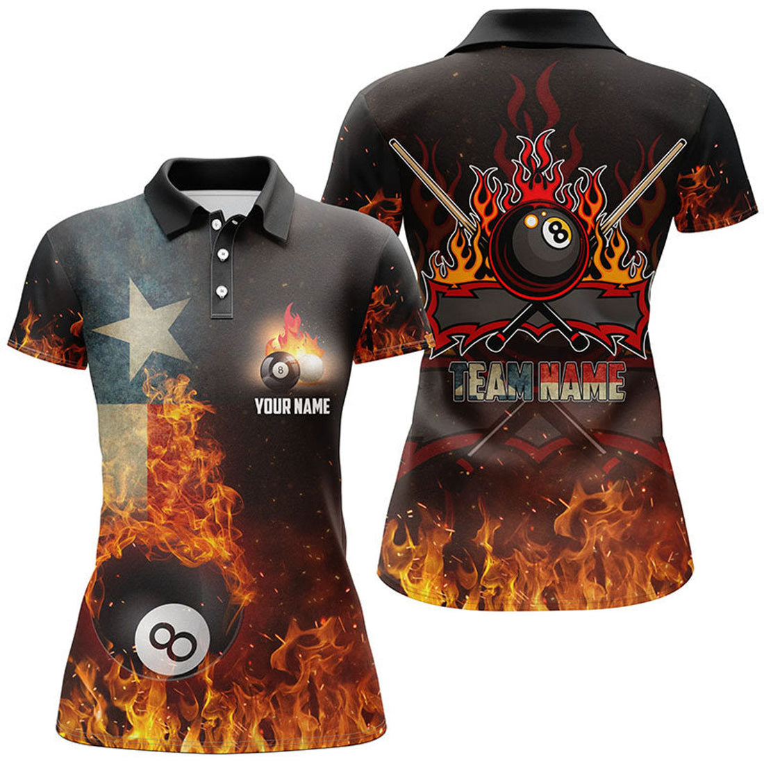 Custom Personalized Texas Flag 8 Ball Pool On Fire 3D Billiard Polo Shirts For Women, Billiards Jerseys