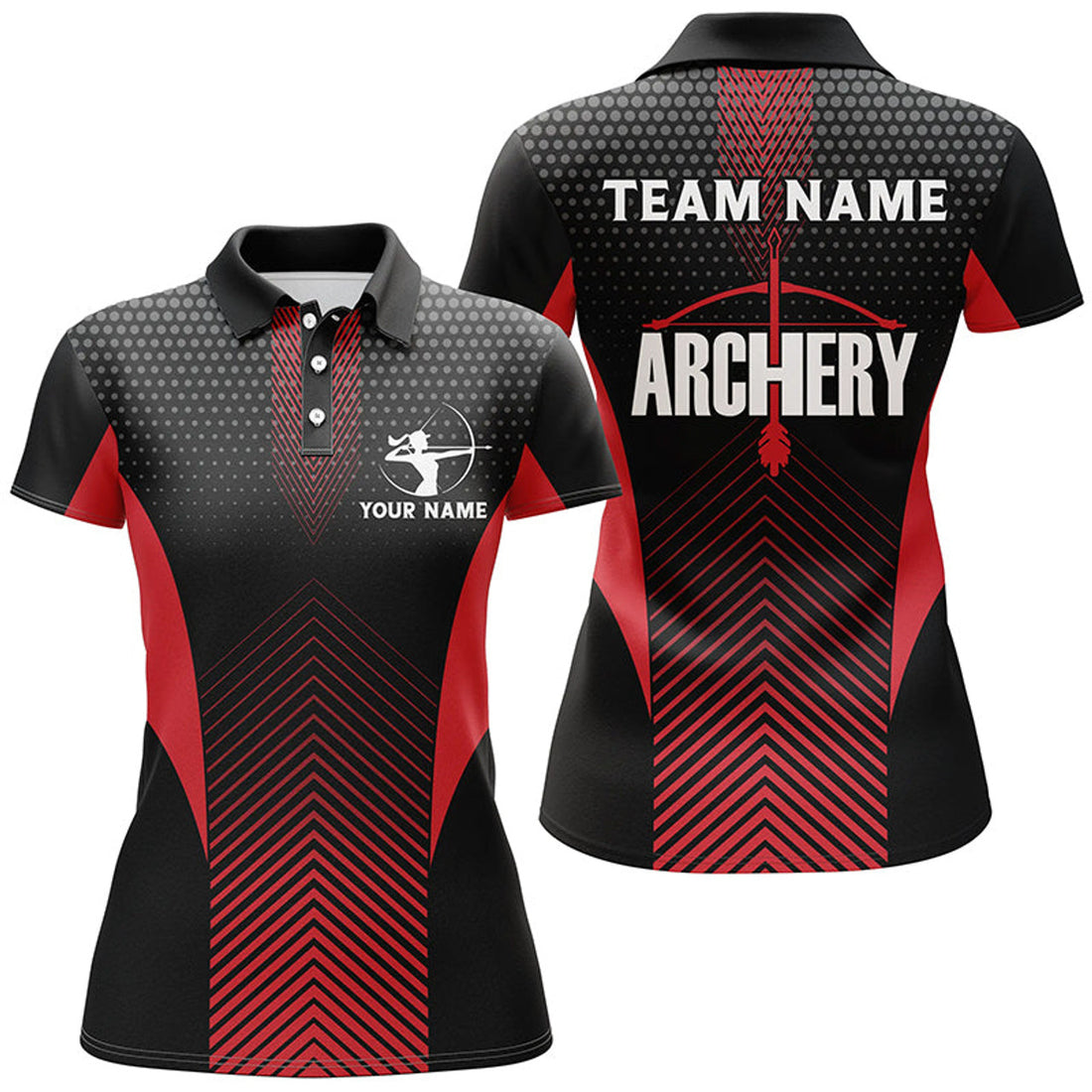 Custom Personalized Red Black Bows Archery Polo Shirts For Women, Archery Team Shirts Custom Archery Jerseys