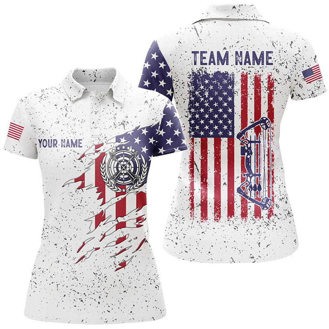 Custom Personalized White Grunge US Flag Target Archery 3D Polo Shirts For Women, Custom Bow Archery Shirts