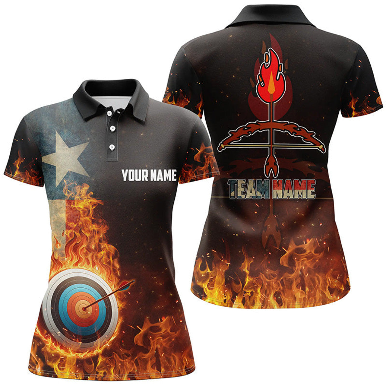 Custom Personalized Texas Flag Flaming Target Archery 3D Polo Shirts For Women, Fire Arrow Archery Jerseys