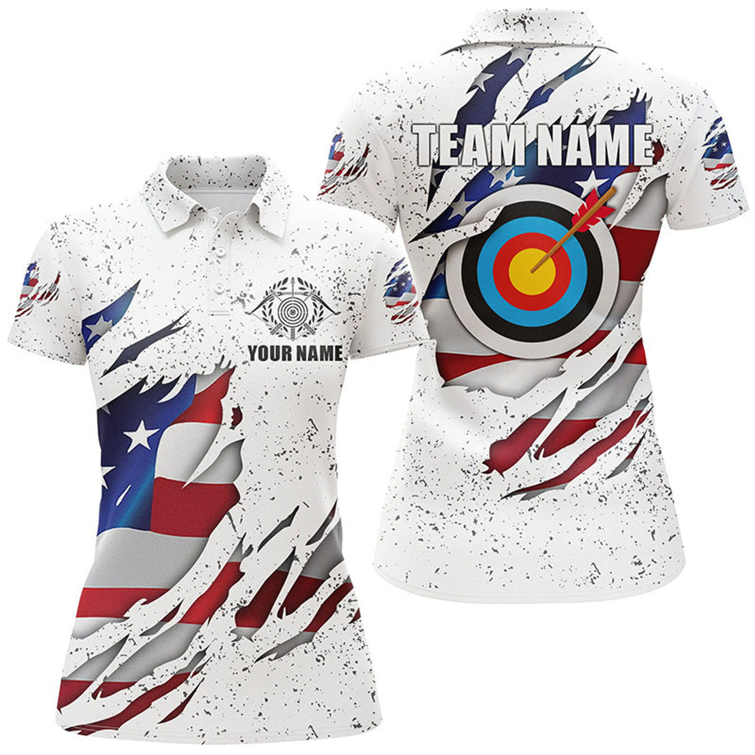 Custom Personalized White Grunge US Flag Target Archery 3D Polo Shirts For Women, Custom Archery Team Shirts