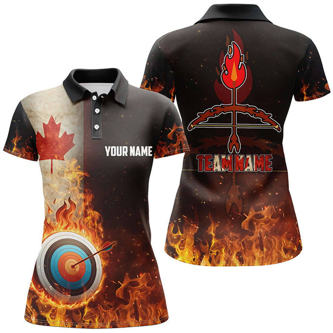 Custom Personalized Canadian Flag Flaming Target Archery 3D Polo Shirts For Women, Archery Team Jerseys