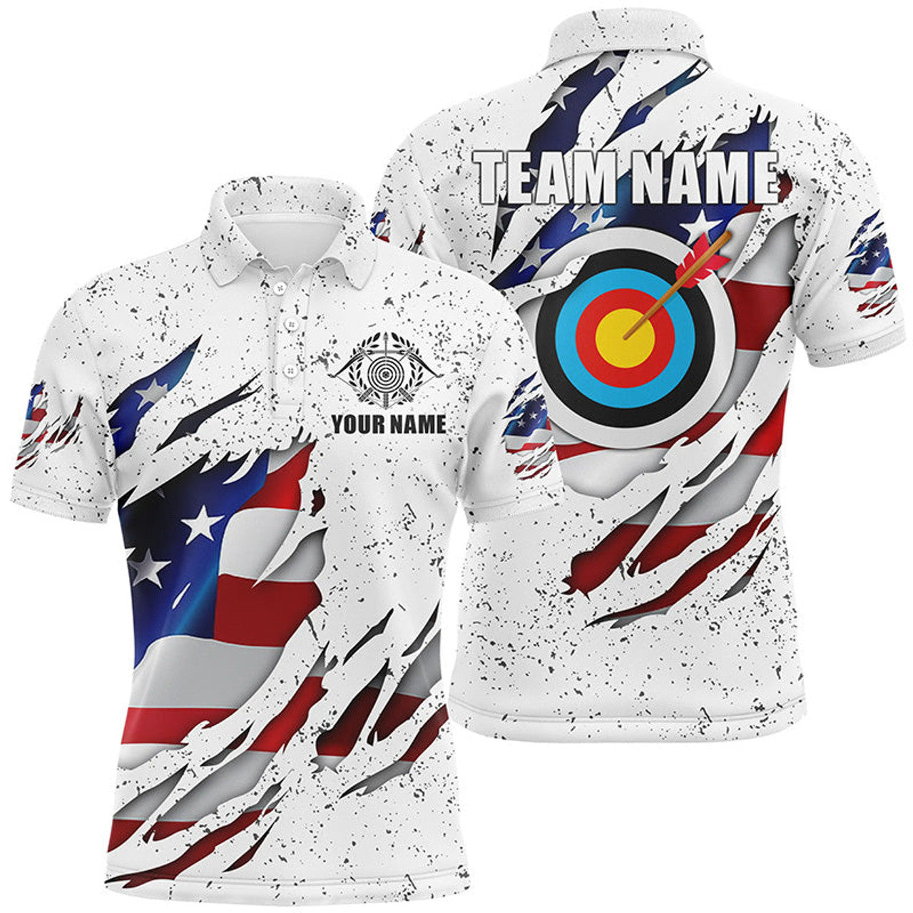 Personalized White Grunge US Flag Target Archery 3D Polo Shirts For Men, Custom Archery Team Shirts