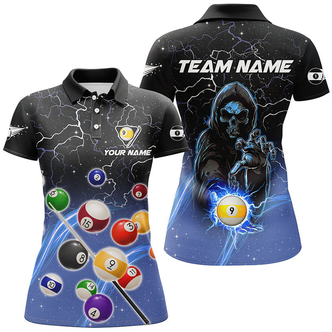Custom Thunder Lighting Blue Billiard Balls Polo Shirts For Women Personalized Skull 9 Ball Pool Shirts