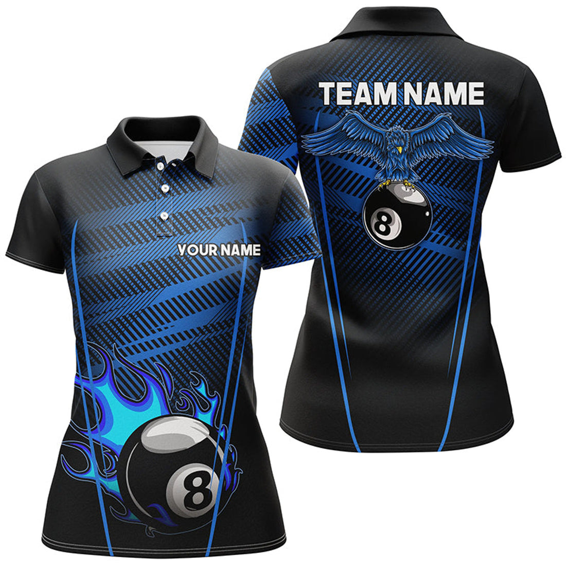 Custom Personalized Flame 8 Ball Pool Polo Shirts For Women, Eagle Billiard Shirts Custom Billiards Jerseys