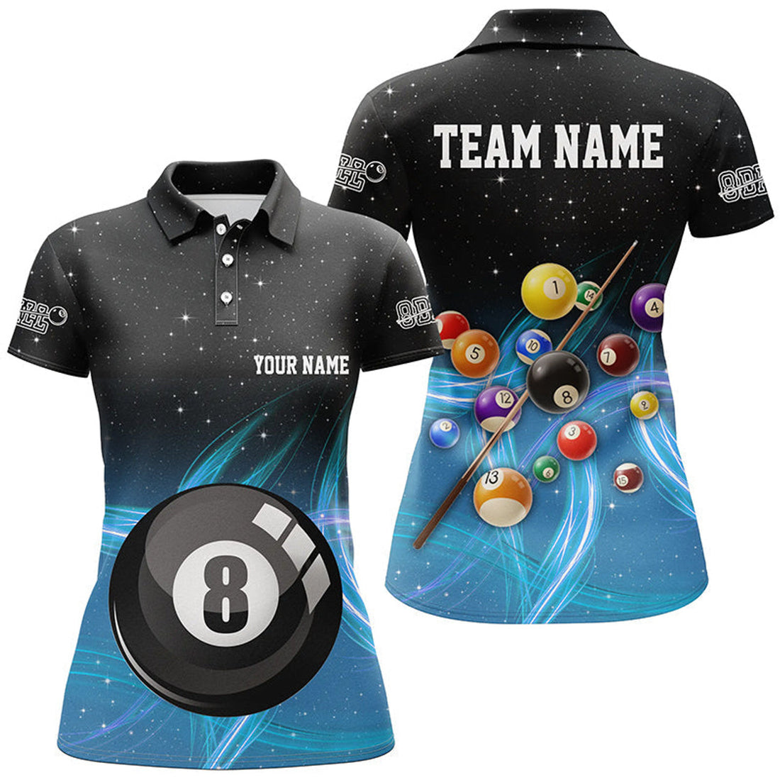 Custom Personalized Blue Gradient 8 Ball Billiard 3D Polo Shirts For Women, Custom 8 Ball Pool Team Jerseys
