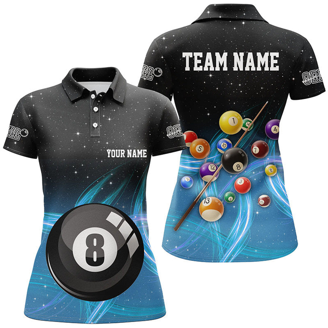 Custom Personalized Blue Gradient 8 Ball Billiard 3D Polo Shirts For Women, Custom 8 Ball Pool Team Jerseys