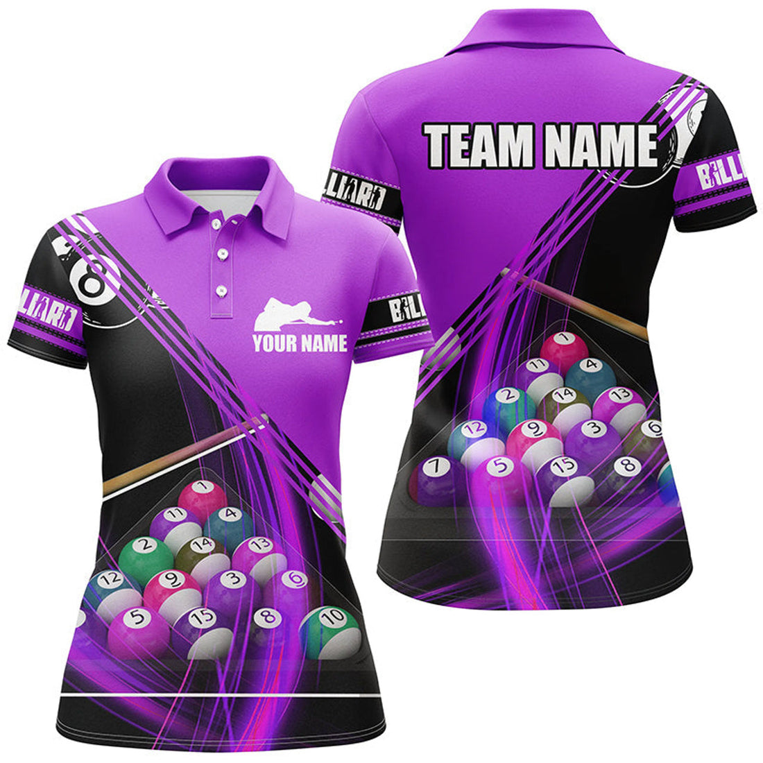 Personalized Billiard Balls Purple 3D Polo Shirts For Women, Custom Player Billiards Pool Jerseys
