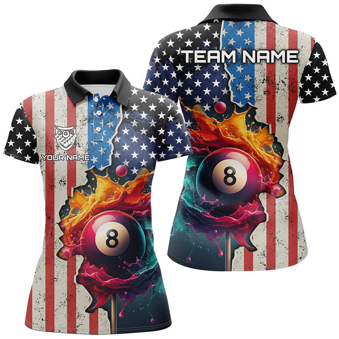 Custom Personalized US Flag Billiard 3D Polo Shirts For Women, Colorful Paint Splash 8 Ball Billiard Jerseys
