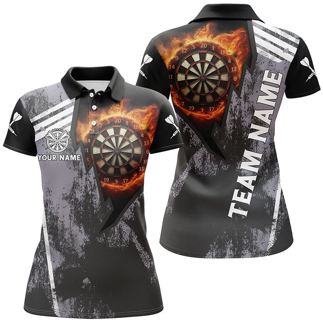 Custom Personalized Grunge Black Flame Dartboard Dart 3D Polo Shirt For Women, Custom Women Dart Jerseys
