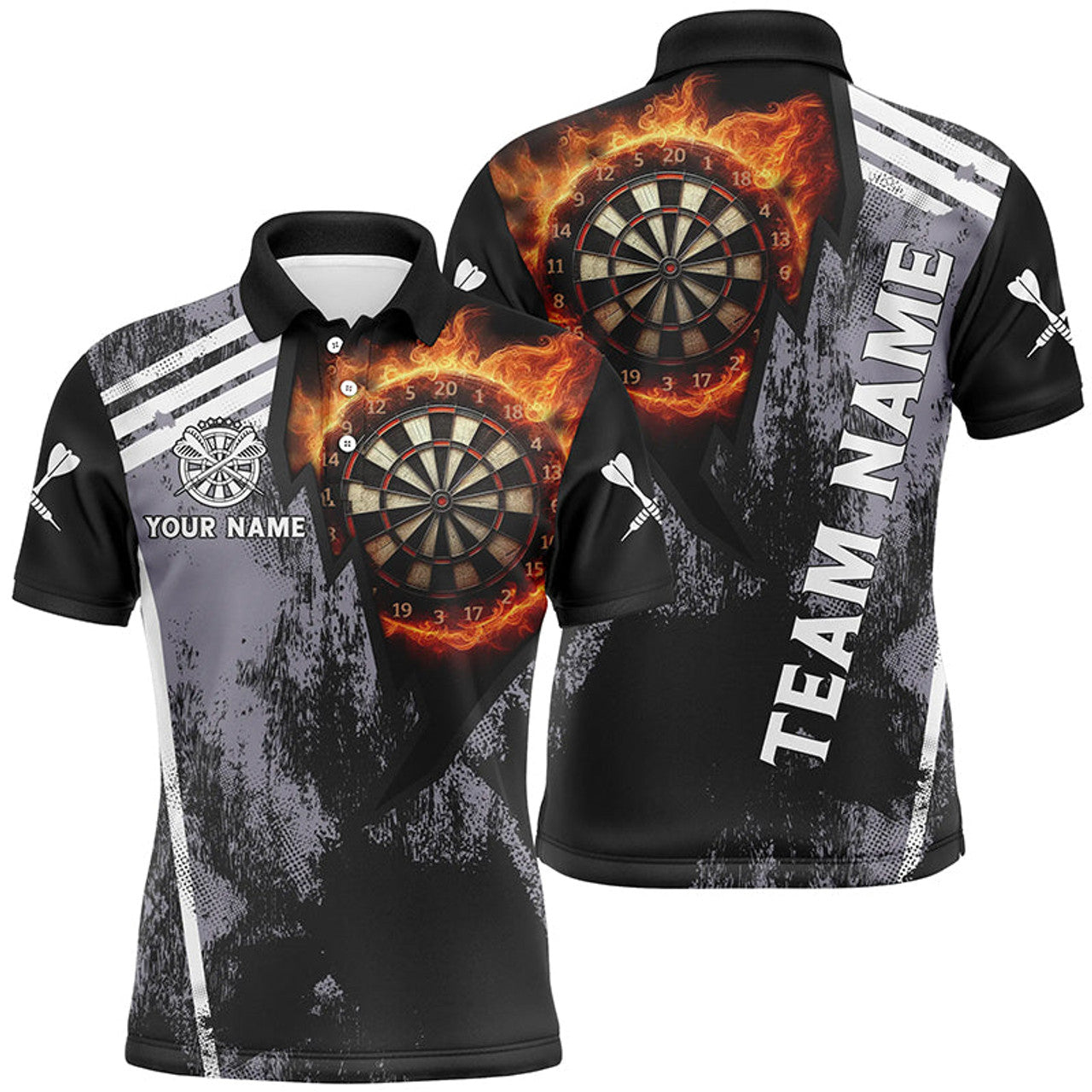 Personalized Grunge Black Flame Dartboard Dart 3D Polo Shirts For Men, Custom Mens Dart Jerseys