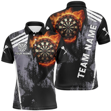 Personalized Grunge Black Flame Dartboard Dart 3D Polo Shirts For Men, Custom Mens Dart Jerseys