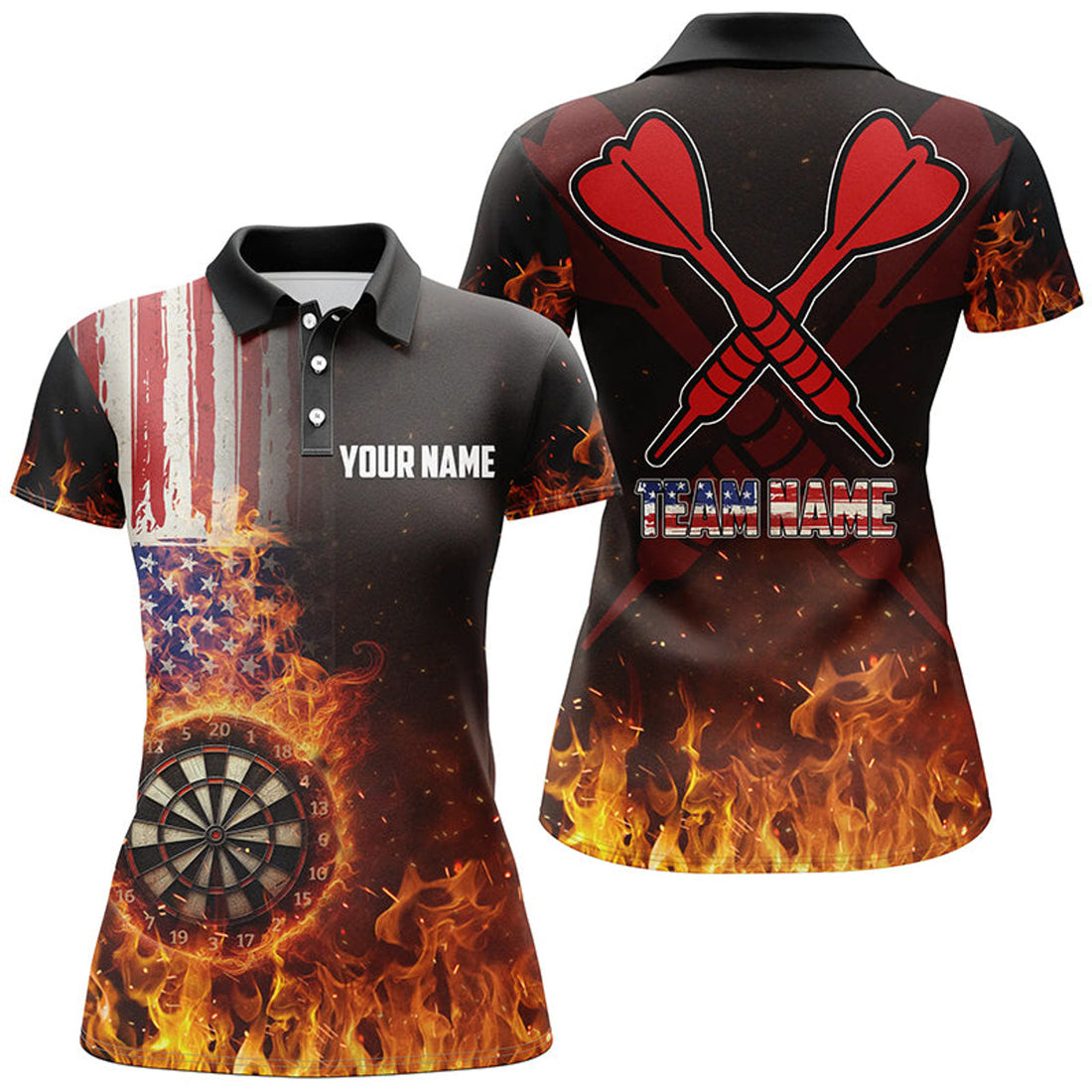 Custom Personalized US Flag Fire Dartboard Dart 3D Polo Shirt For Women, Custom Patriotic Women Dart Jerseys