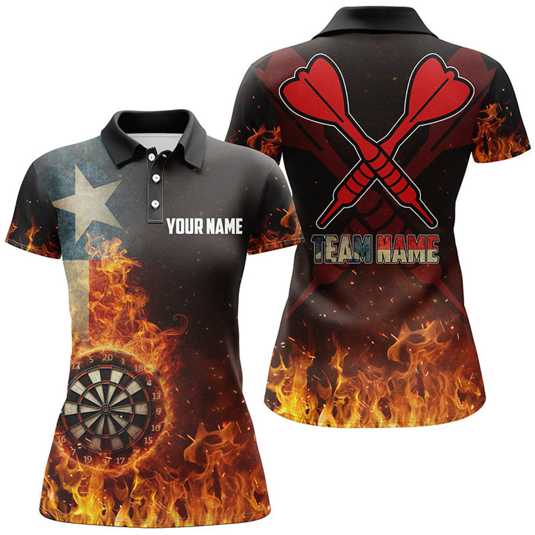 Custom Personalized Texas Flag Fire Dartboard Dart Polo Shirt For Women, Custom Patriotic Women Dart Jerseys