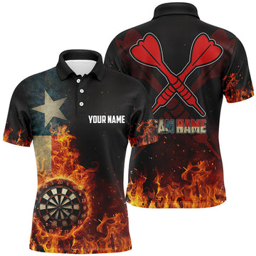 Personalized Texas Flag Fire Dartboard Dart Polo Shirts For Men, Custom Patriotic Mens Dart Jerseys