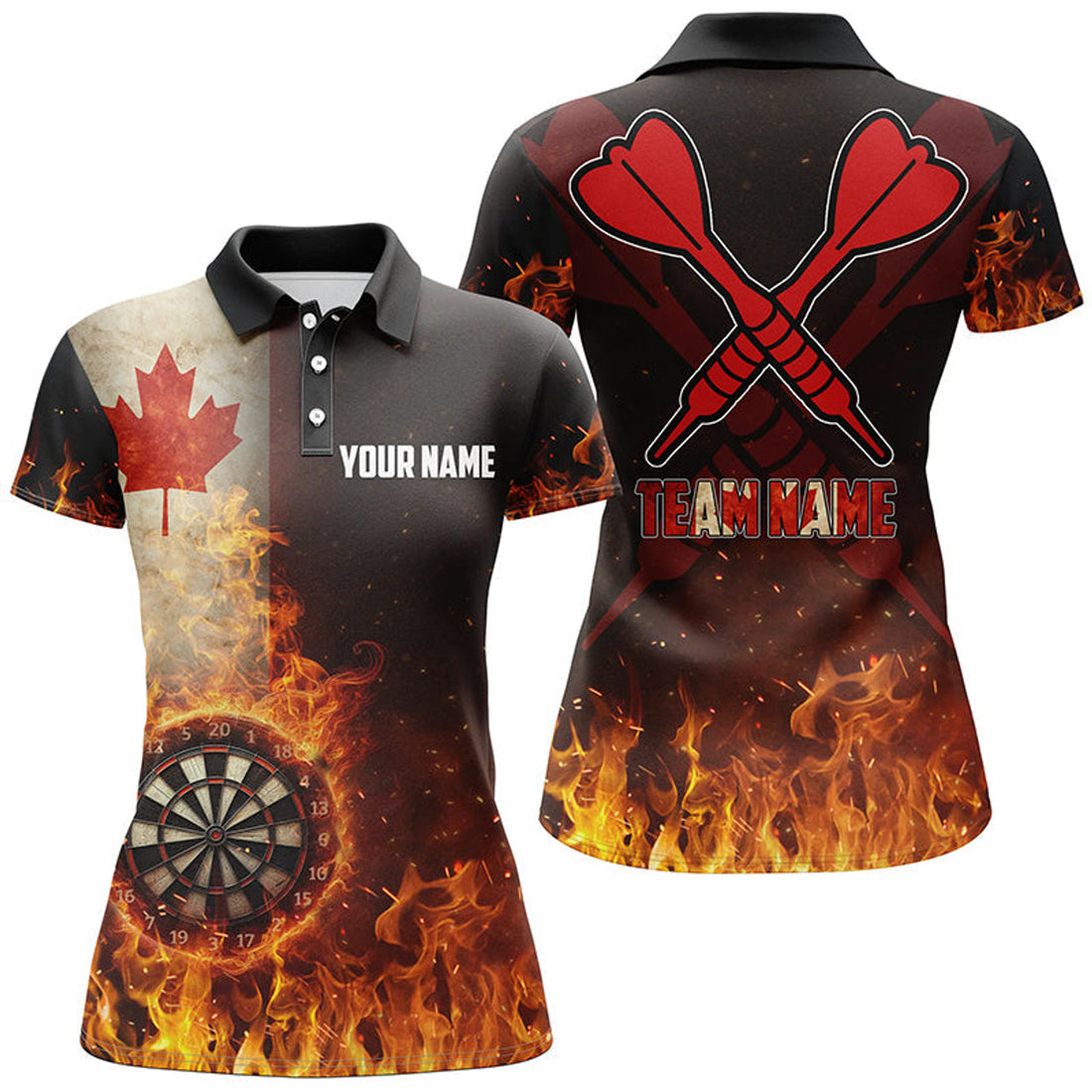 Custom Personalized Canada Flag Flame Dartboard Dart 3D Polo Shirt For Women, Patriotic Women Dart Jerseys