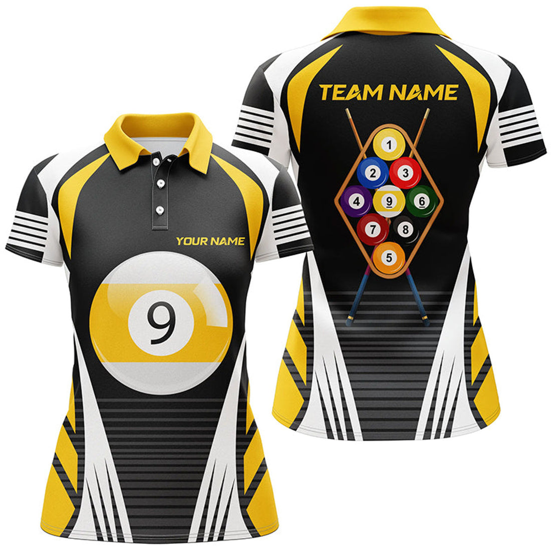 Custom Personalized Yellow White 9 Ball Pool 3D Polo Shirts For Women, Custom 9 Ball Team Billiard Jerseys