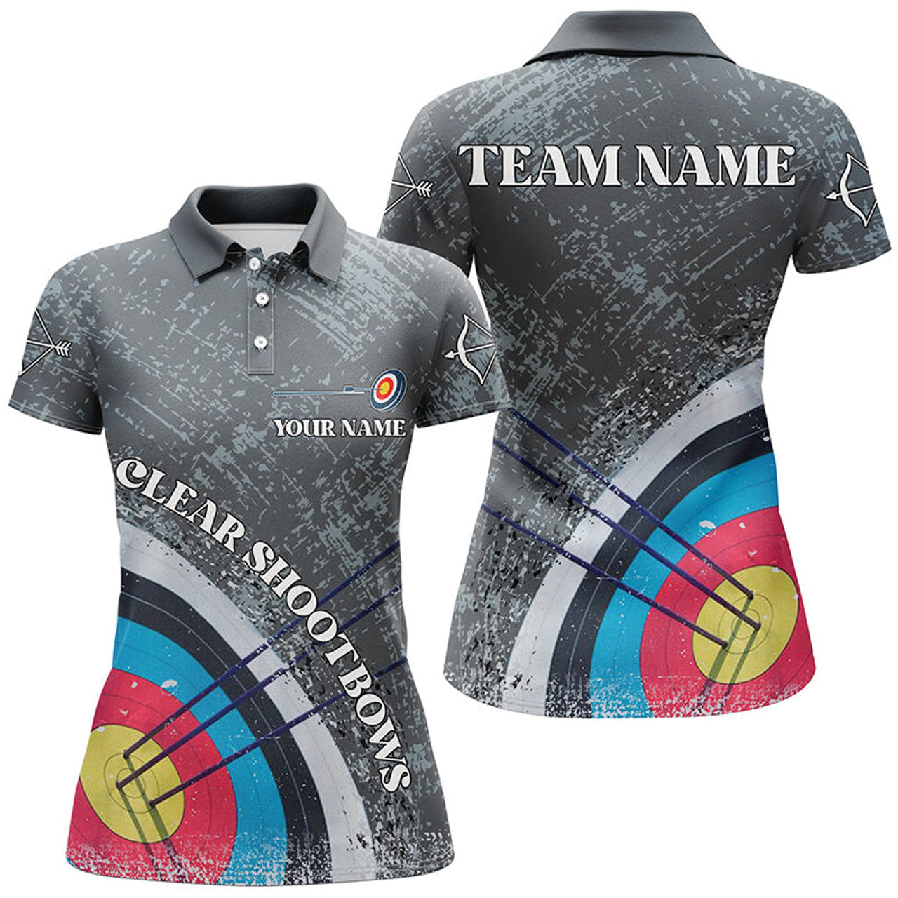 Custom Personalized Vintage Grey 3D Target Archery Polo Shirts For Women, Clear Shoot Bows Archery Shirts