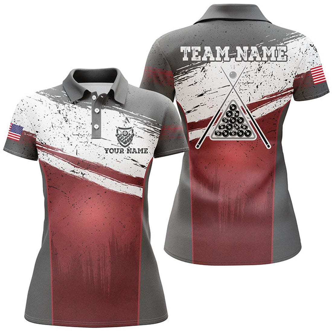 Custom Personalized US Flag 8 Ball Pool Polo Shirts For Women, Custom Red Grunge Billiard Balls Jerseys