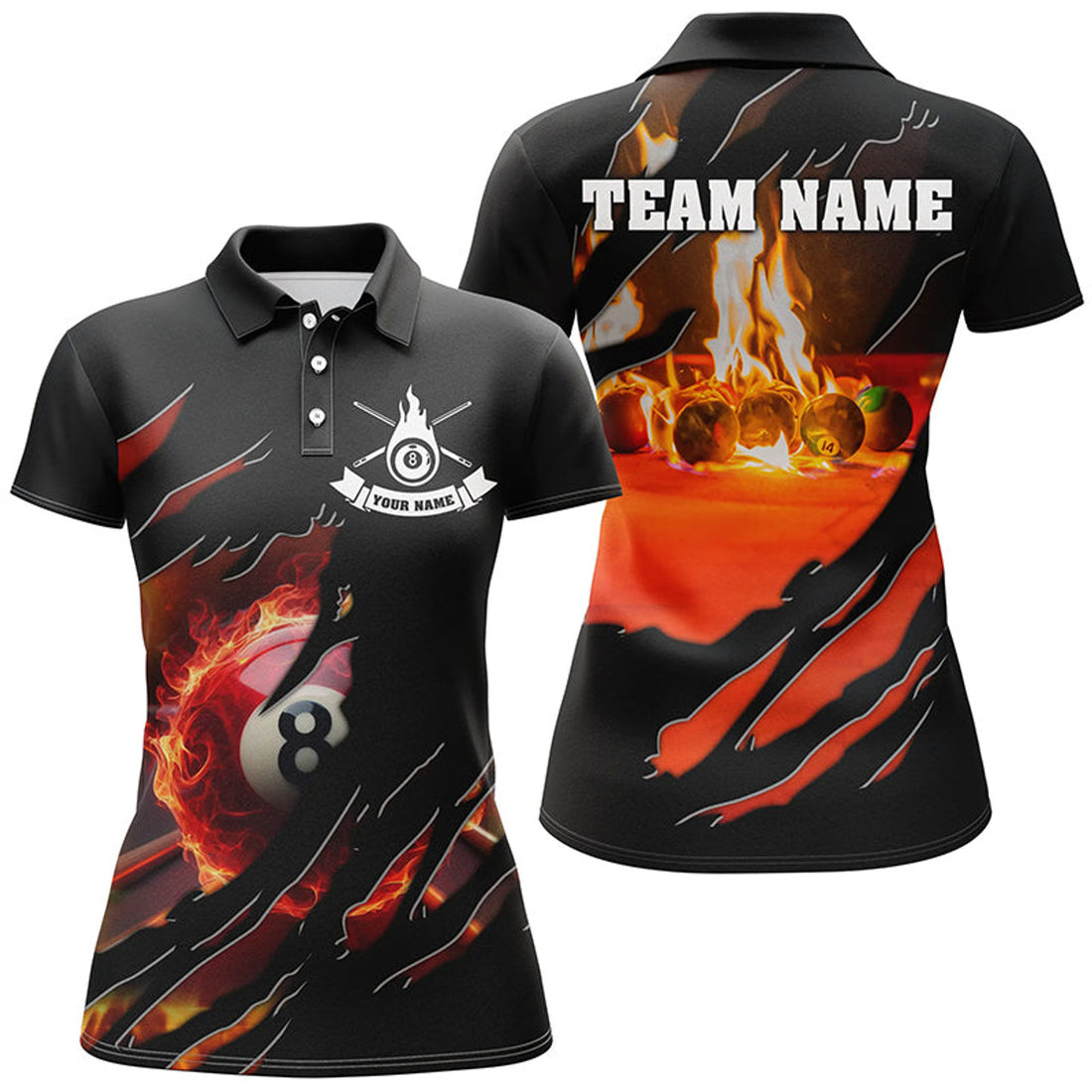 Custom Personalized Fire 8 Ball Pool Polo Shirts For Women, Custom 3D Flame Billiard Balls Team Jerseys