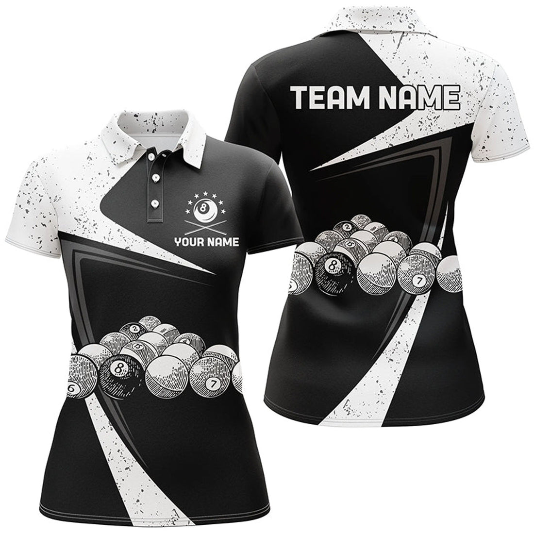Custom Personalized Black White Grunge Billiard Balls Polo Shirts For Women, Custom 8 Ball Pool Team Shirts