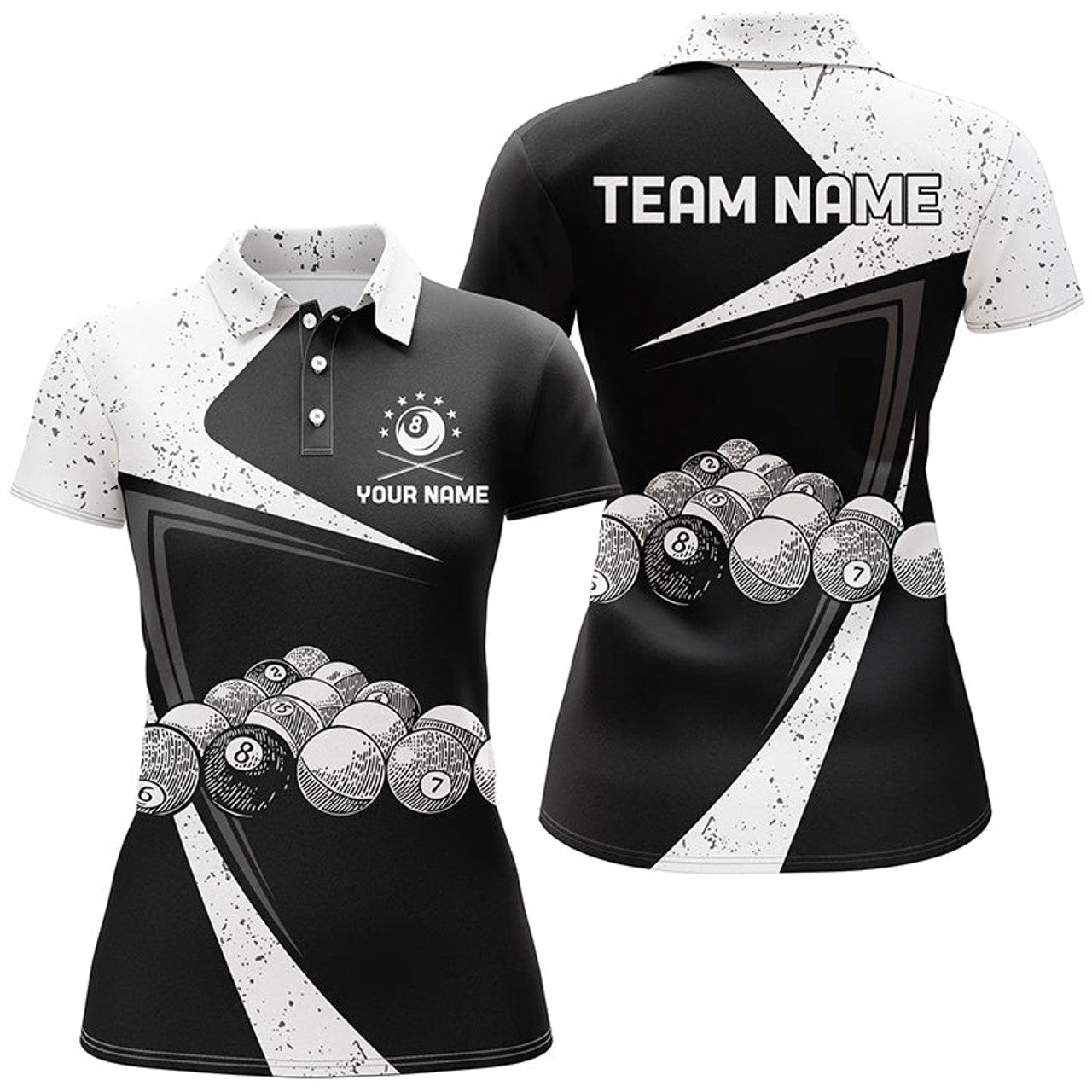 Custom Personalized Black White Grunge Billiard Balls Polo Shirts For Women, Custom 8 Ball Pool Team Shirts