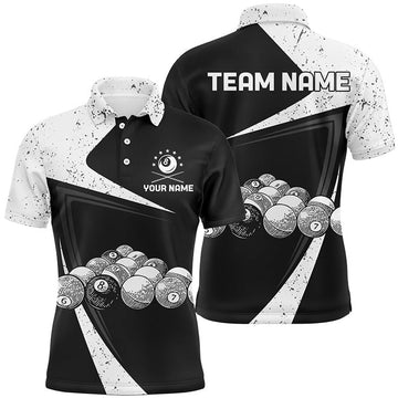 FUNSTUFFPRINT Personalized Black White Grunge Billiard Balls Polo Shirts For Men, Custom 8 Ball Pool , Polo Shirt Size S-5XL