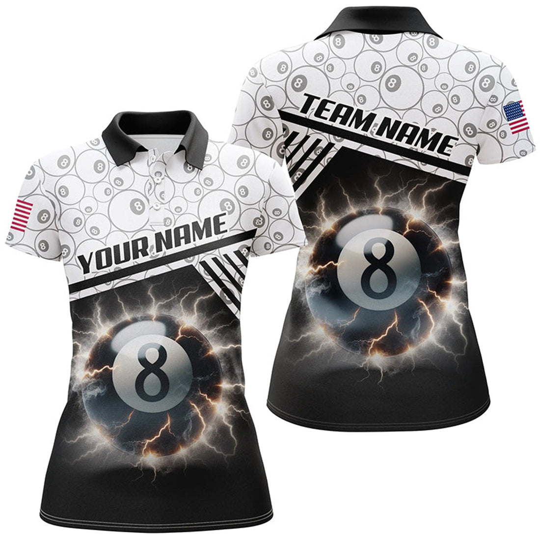 Custom Personalized Thunder Lighting 8 Ball Billiard 3D Polo Shirts For Women, Custom 8 Ball Pool Jerseys
