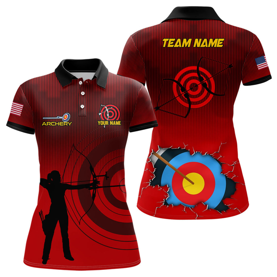 Custom Personalized 3D Target Archery Silhouette Archer Polo Shirts For Women Custom US Flag Archery Shirts