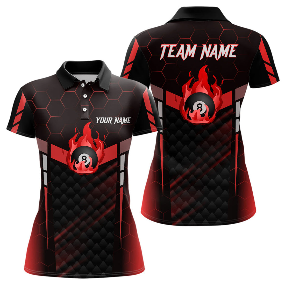 Custom Personalized Red Fire 8 Ball Billiard 3D Polo Shirts For Women, Custom 8 Ball Pool Team Jerseys